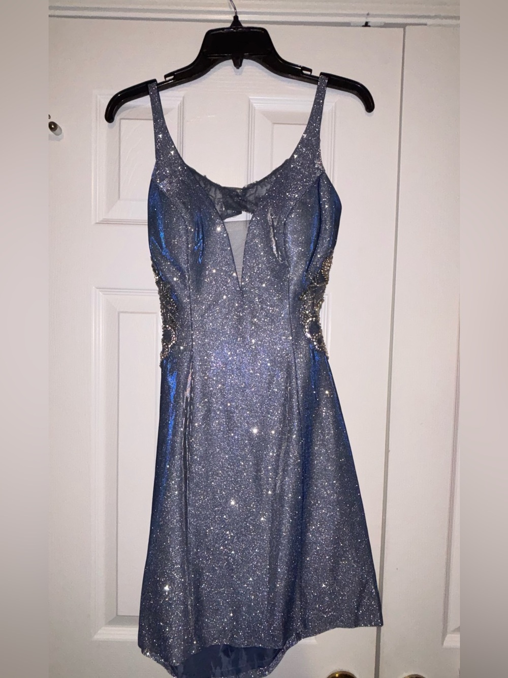 Sparkling Silver-Blue Party Dress with Rhinestone Side Accents